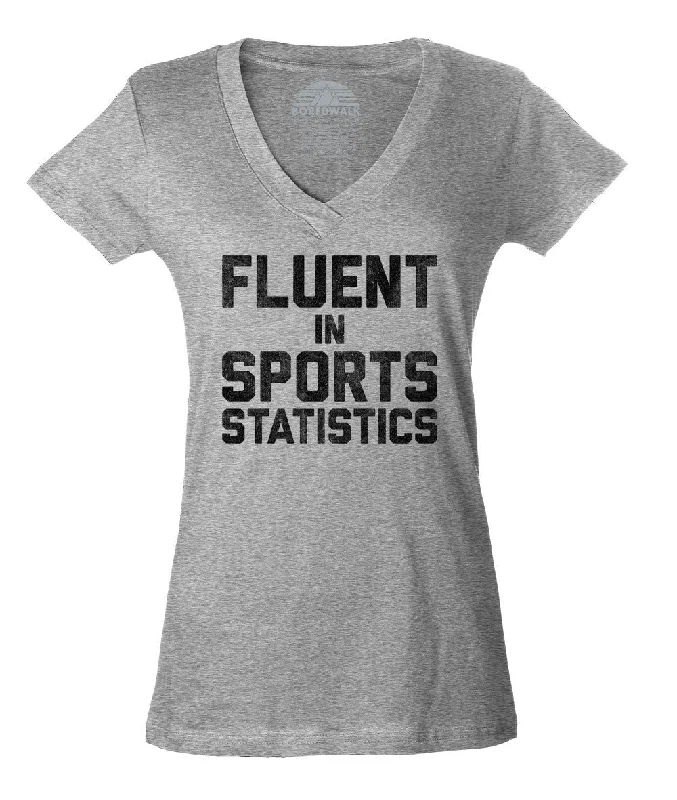 Women's Fluent in Sports Statistics Vneck T-Shirt Anti-Pilling Machine Wash Handmade