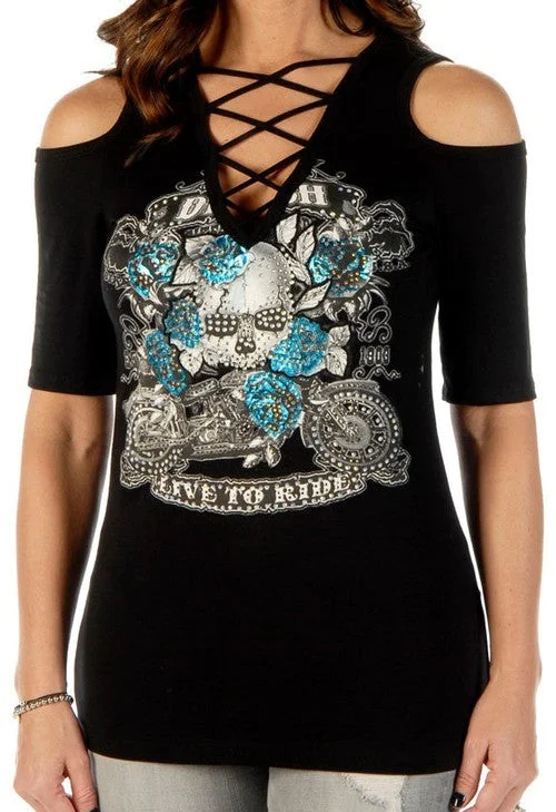 Ladies Skull and Roses Rhinestone Shirt Made in the USA 7670 Sequined Glittery Shiny