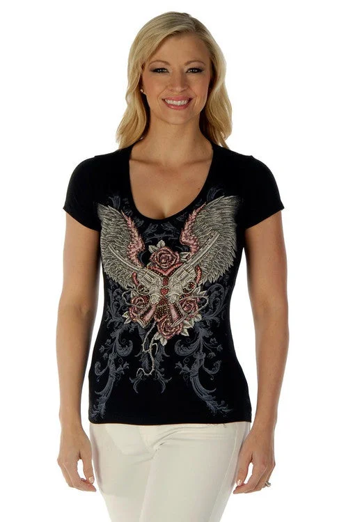 Ladies Guns and Wings Shirt 7162 Bling Usa Plaid T-Shirt Polka Dot Checkered