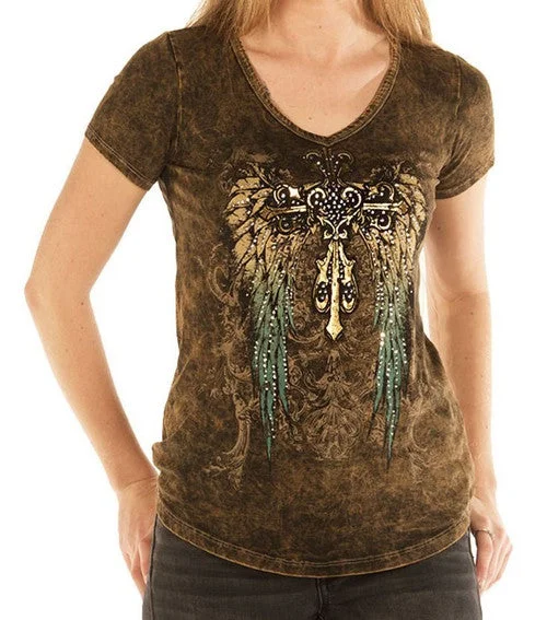 Ladies Bling Shirt with Foiled Cross and Wings # 7778 USA Striped Floral Plaid