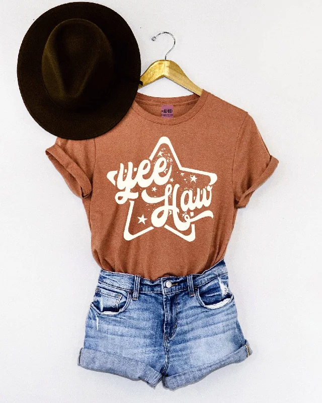 YeeHaw Star Tee- Heather Autumn Ribbed Striped Patterned