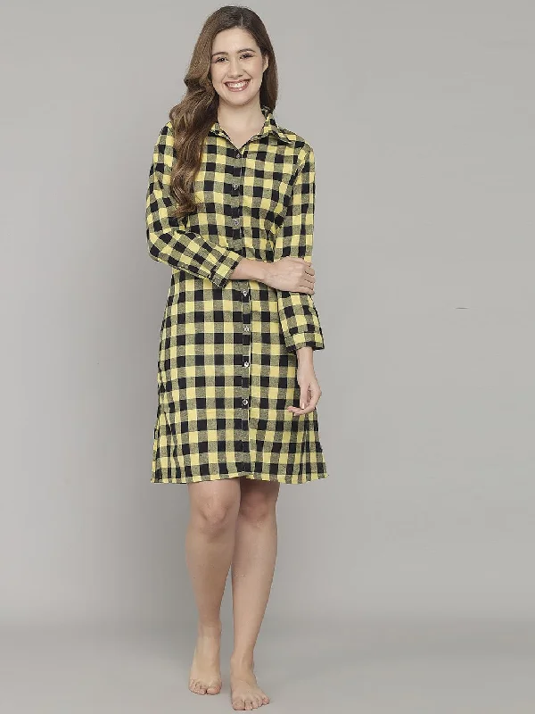 Yellow And Black Check Print Knee Length Cotton Sleep Shirt Graphic Embroidered Appliqued