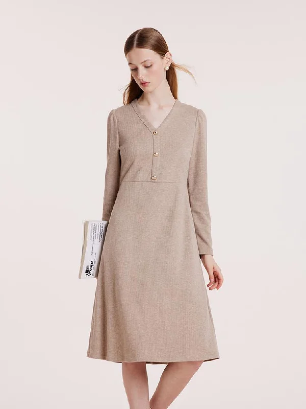 Beige Knit V-Neck Dress