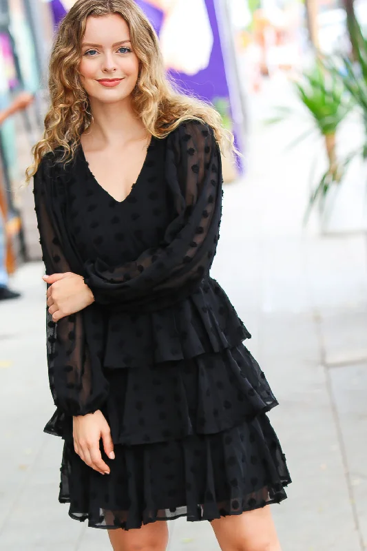 Black Chiffon Swiss Dot V Neck Tiered Ruffle Dress