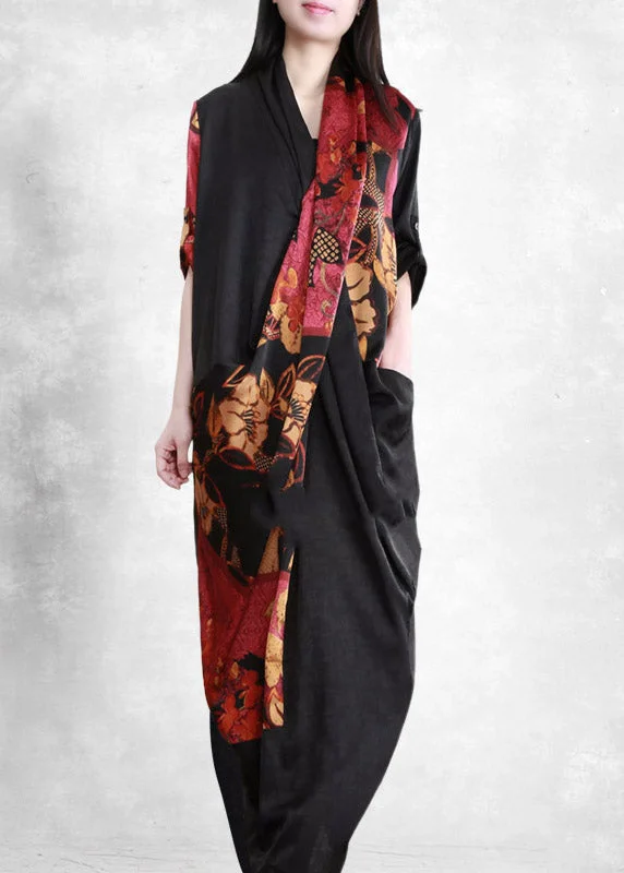 Black Red V Neck Asymmetrical Print wrinkled Pockets Silk Dress Half Sleeve