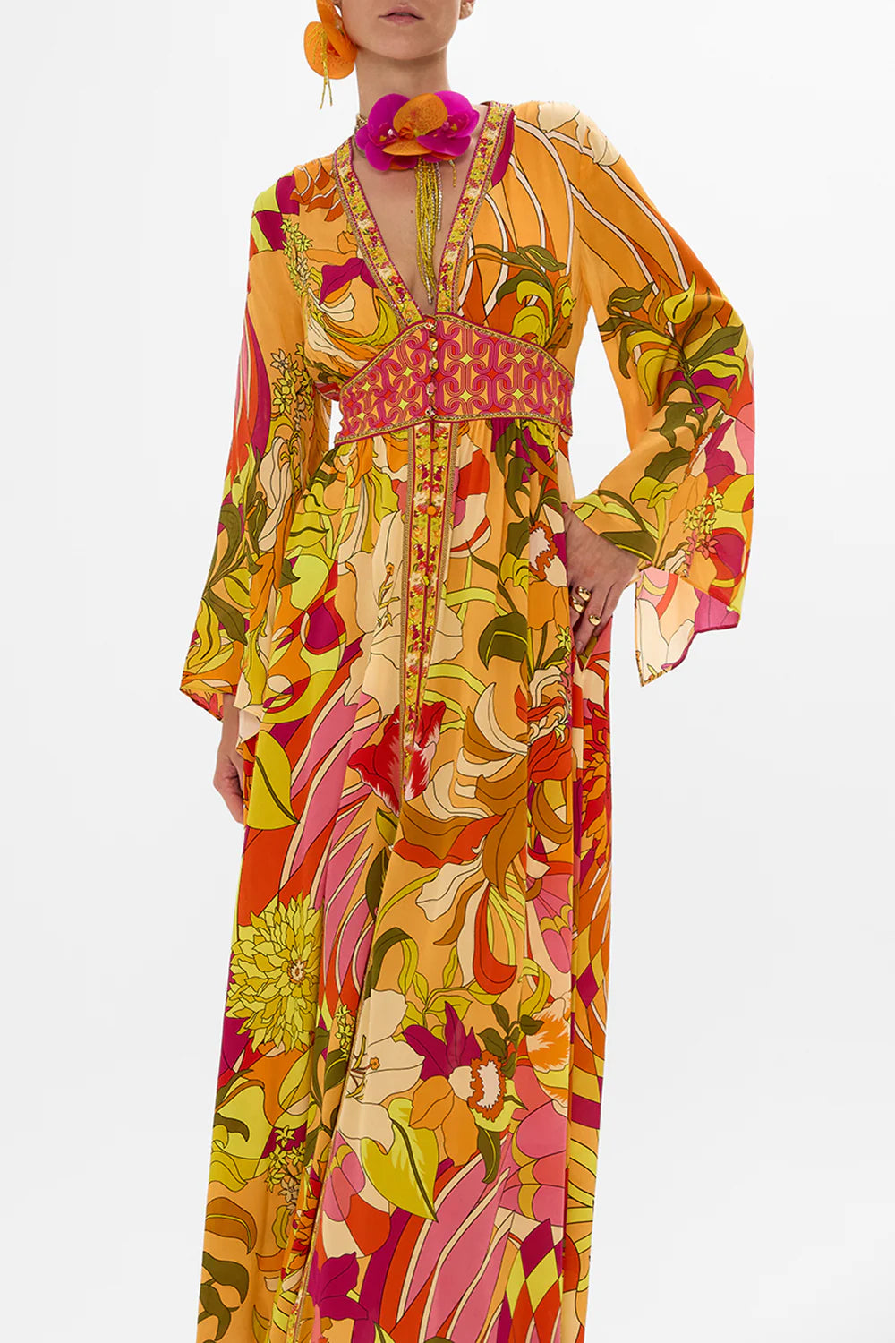 CAMILLA KIMONO SLEEVE DRESS WITH SHIRRING DETAIL IN THE FLOWER CHILD SOCIETY