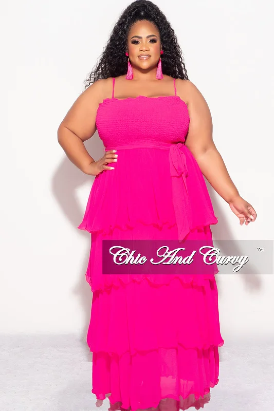 Final Sale Plus Size Spaghetti Strap Chiffon Frill Ruffle Dress in Fuchsia