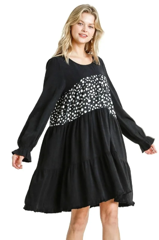 Spotted Tiered Fringe Dress, Black