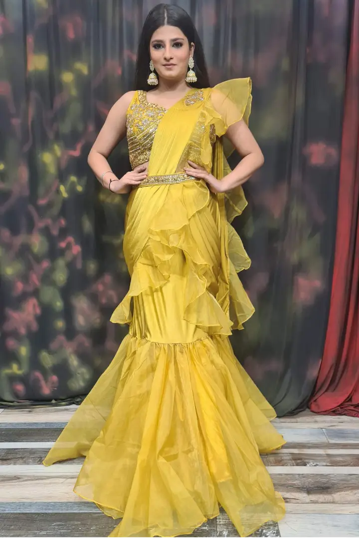 Drape Dress With Ruffles in Mustard