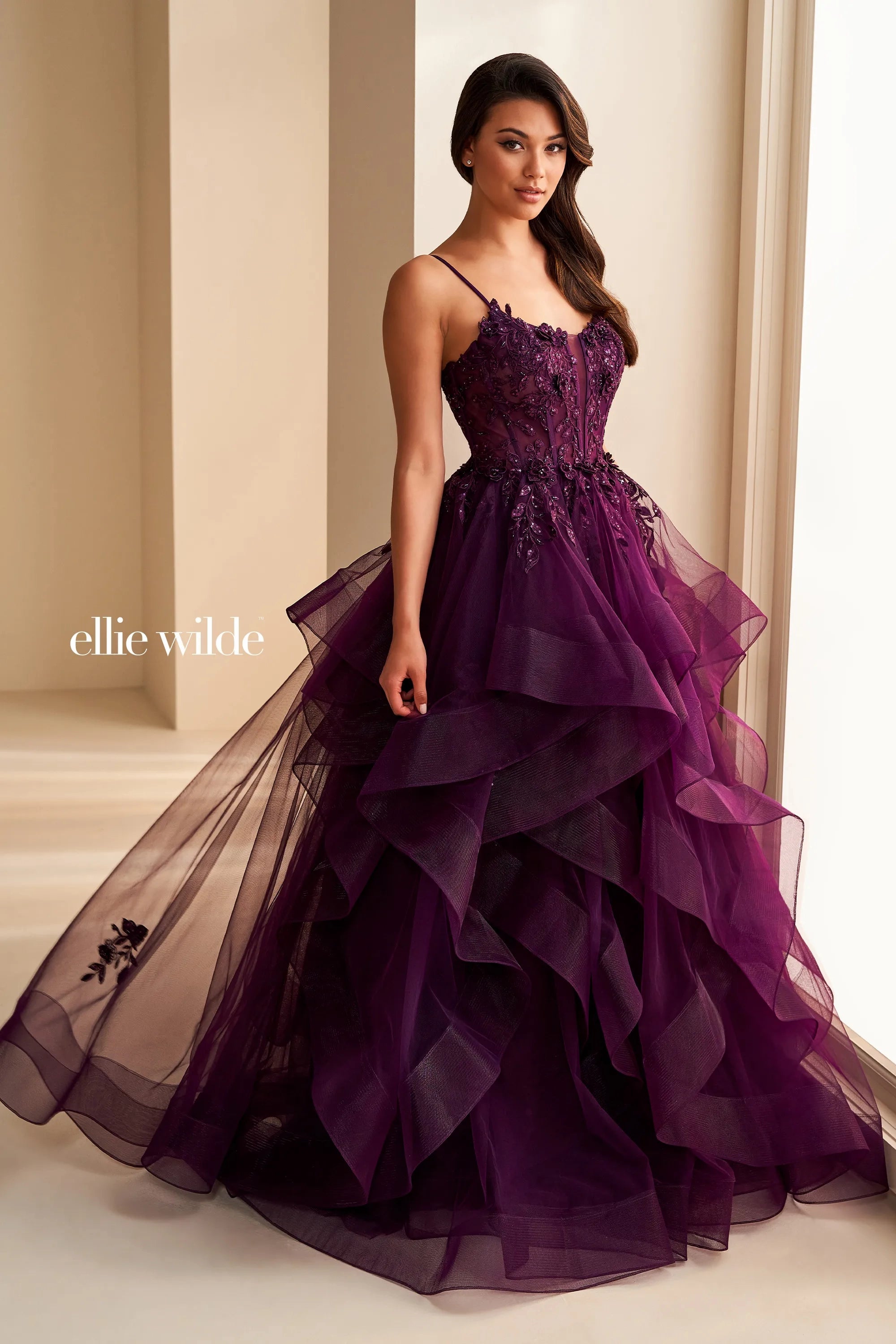 Ellie Wilde EW36225 Size 16 Plum Sheer Lace Corset Ball Gown Prom Dress Layer Corset Formal Evening