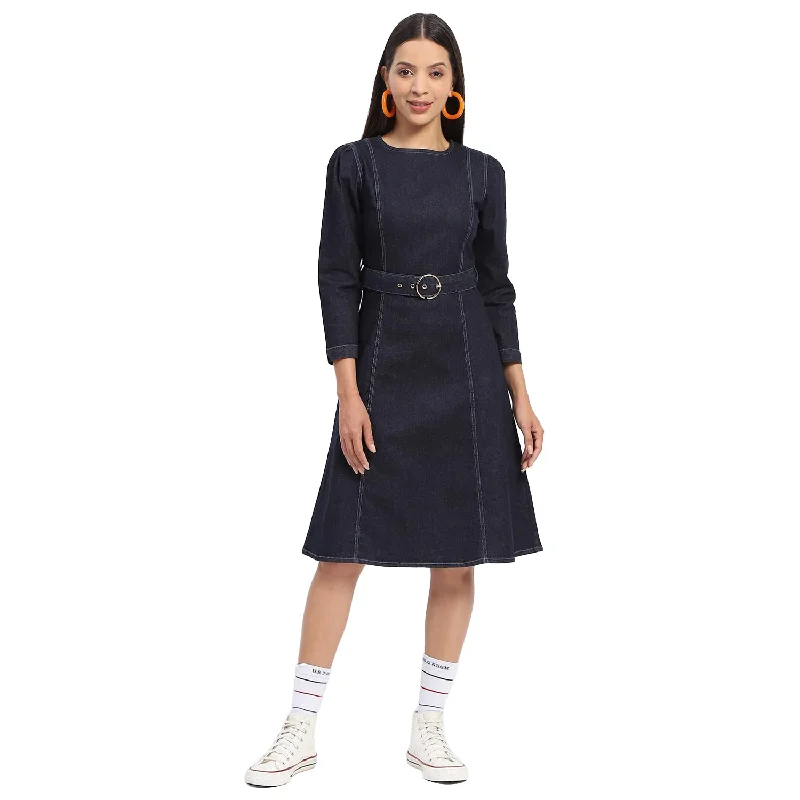 Madame Belted A Line Denim Dress Indigo
