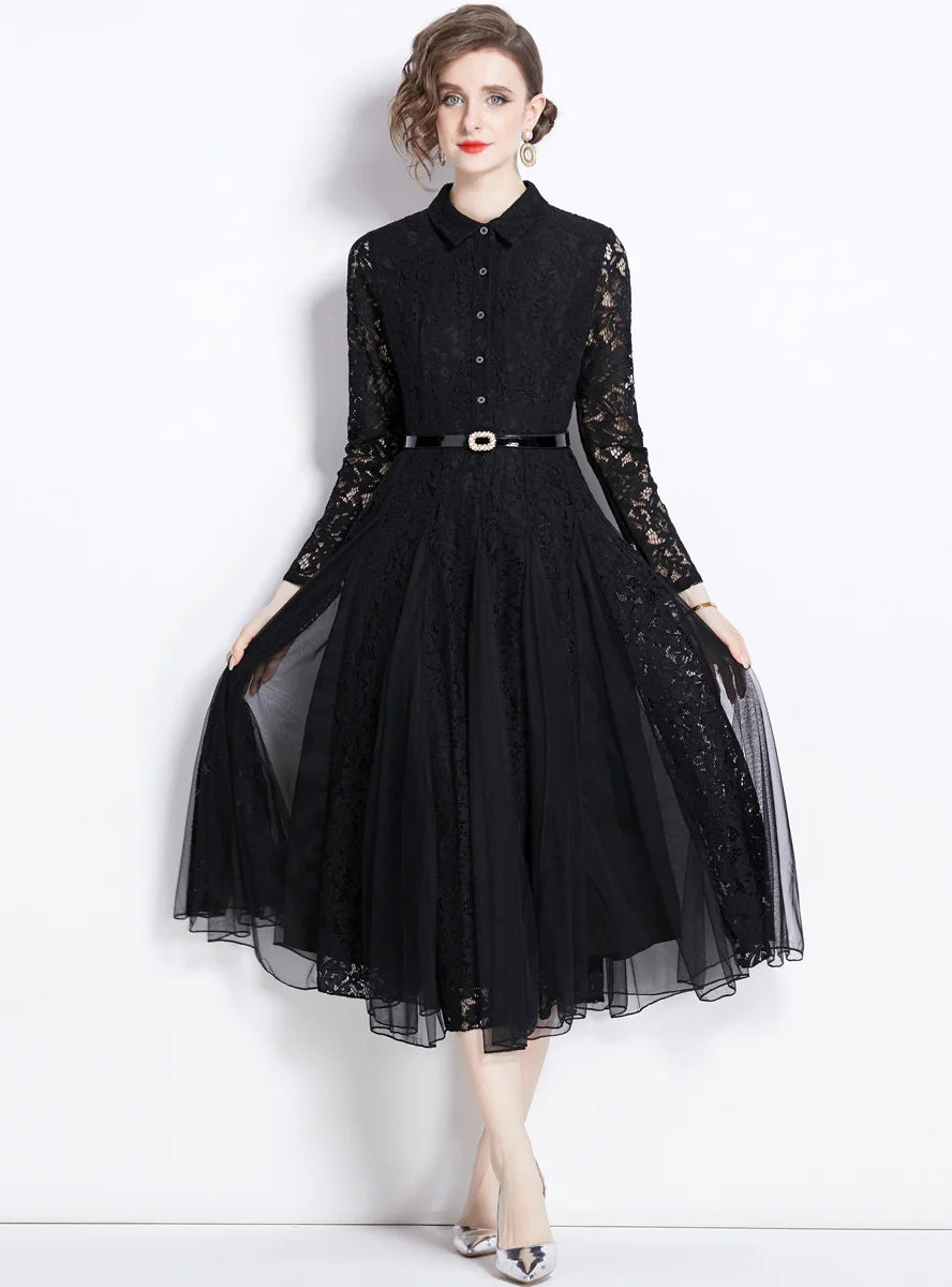 MESH STITCHING LACE SWING DRESS