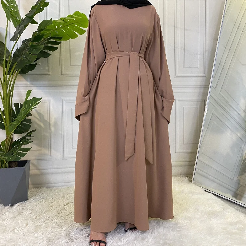 Muslim Fashion Hijab Long Dresses for Women With Sashes Solid Color.