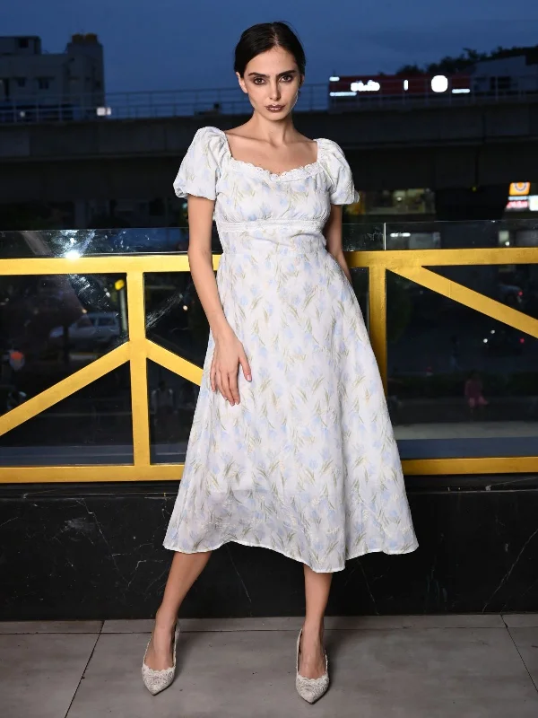 Odette White And Blue Printed Cotton Stitched Western Dress for Women