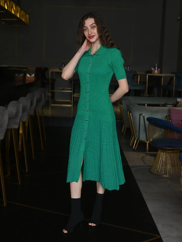 Odette Green Solid Rib With Lycra Stitched Western Dress For Women