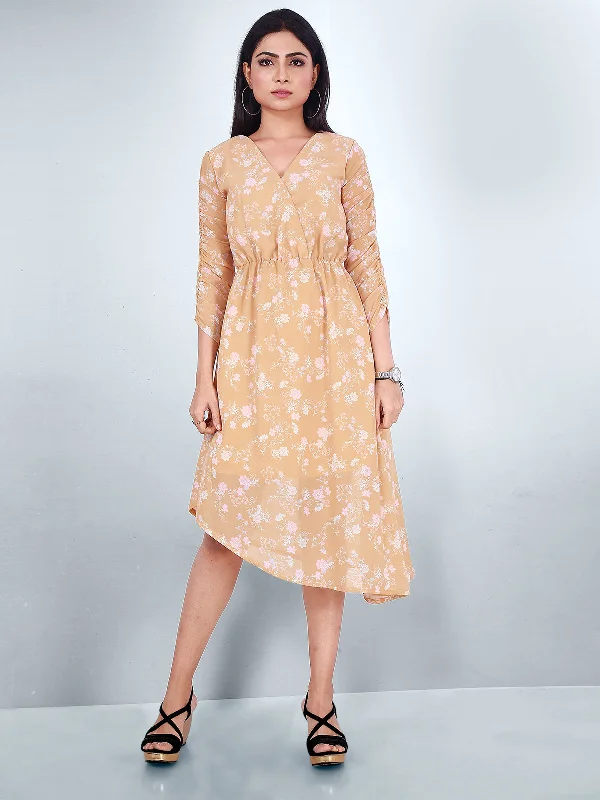 Odette Yellow Georgette Printed Stitched Western Dress For Women