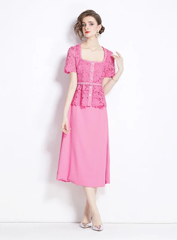 PINK LACE FAKE TWO-PIECE SHORT-SLEEVED DRESS