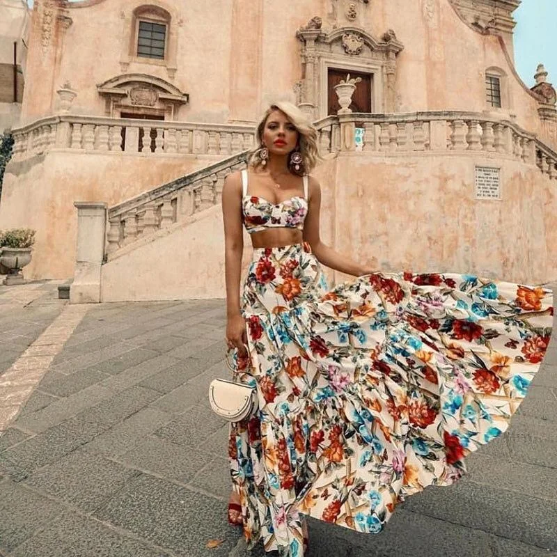 JuliaFashion-Plus Size Summer Flowers Two Piece Dress