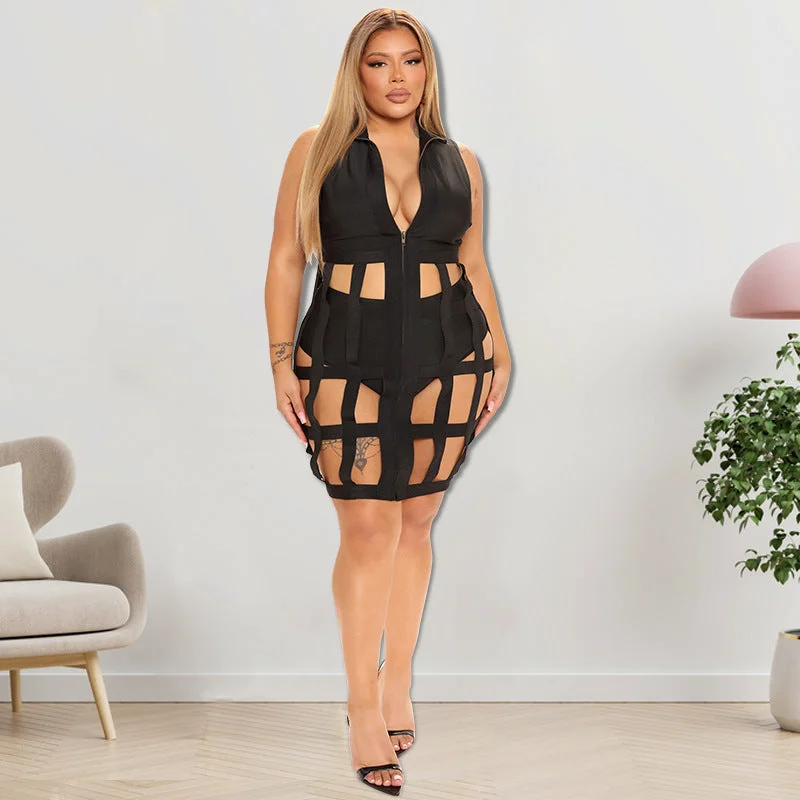 Plus Size Women Clothes Summer Ripped Collar Vest Dress