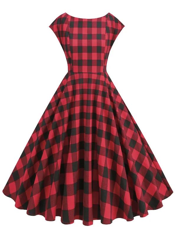 Red 1950s Buffalo Plaids Swing Dress