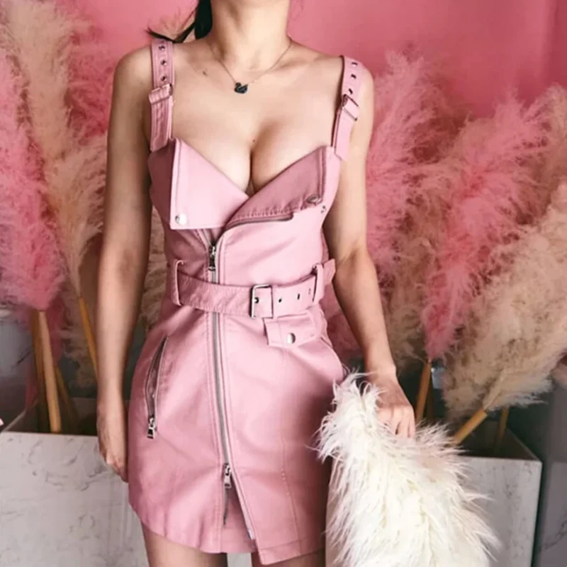 Sexy Sash Zipper Leather Dress AD11126