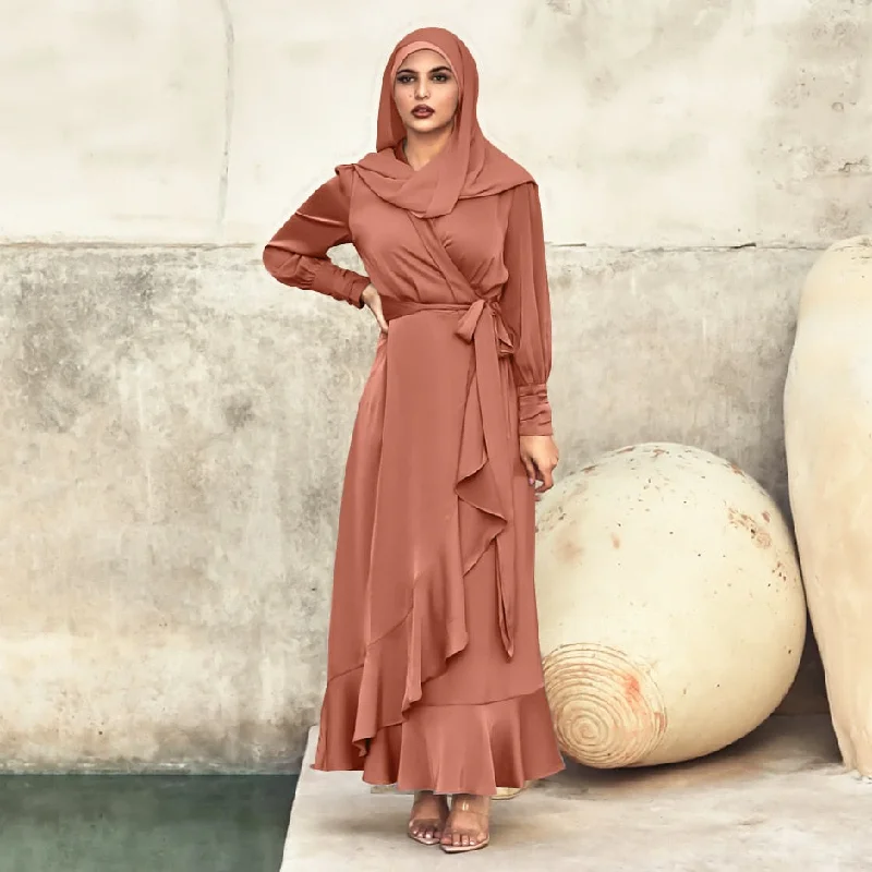 Shiny Soft Silky Muslim Dress Satin Abaya With Belt