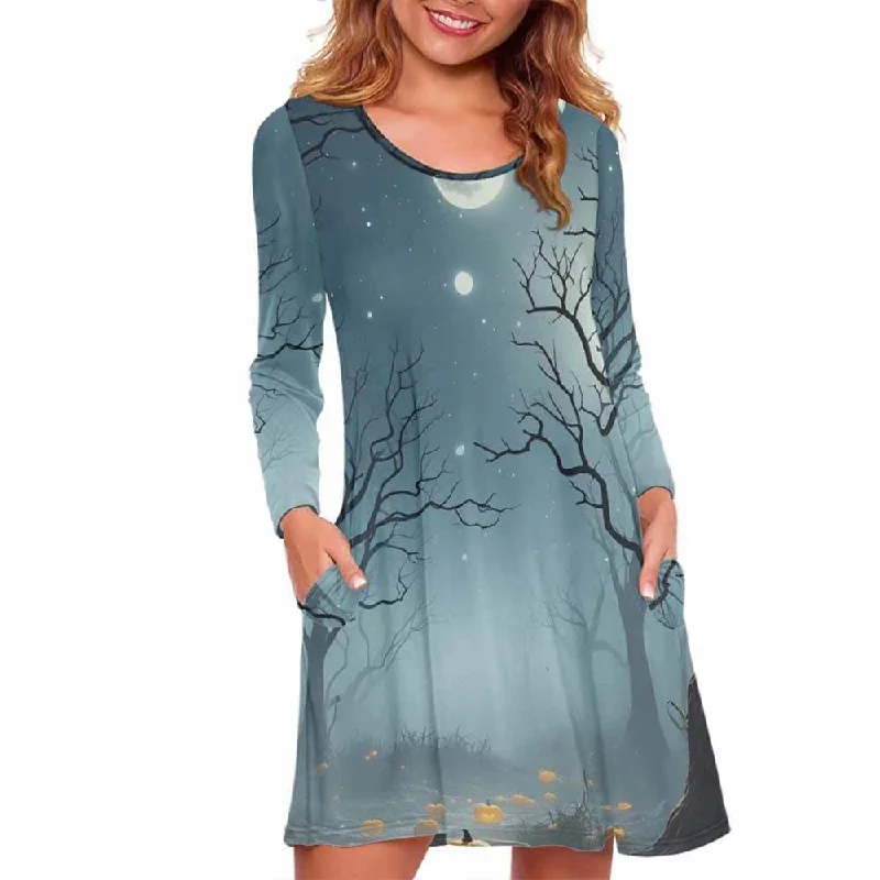 Spooky Forest Pumpkin Head Double Pocket Casual Dress