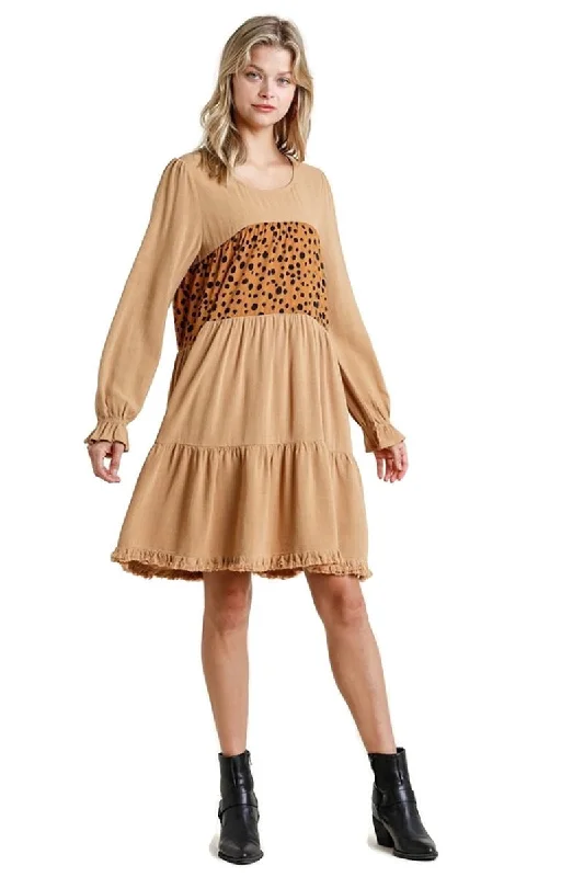Spotted Tiered Fringe Dress, Caramel