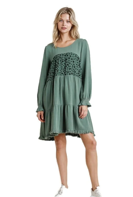 Spotted Tiered Fringe Dress, Mint