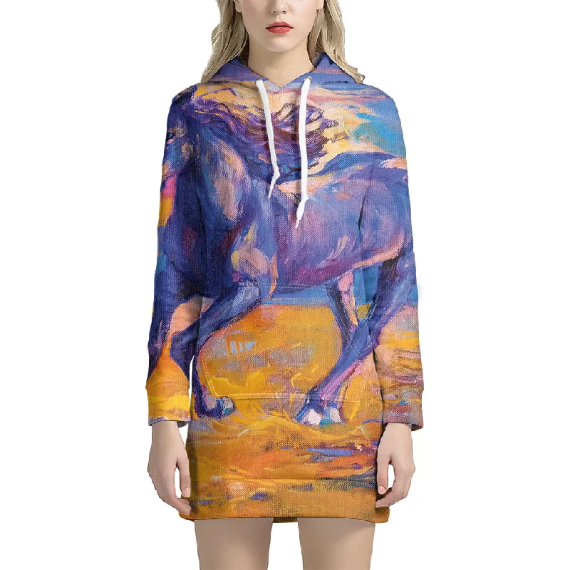 Sunset Horse Painting Print Pullover Hoodie Dress