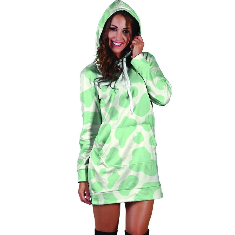 Teal And White Cow Print Hoodie Dress