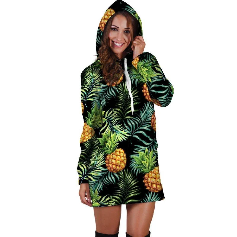 Tropical Palm Leaf Pineapple Print Hoodie Dress