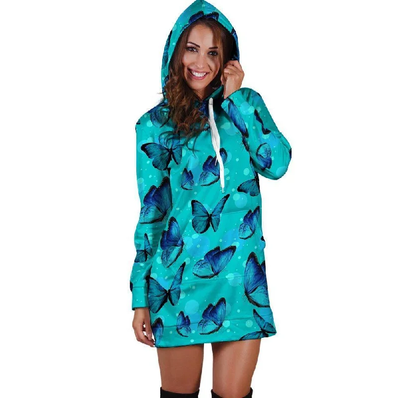 Turquoise Bubble Butterfly Print Hoodie Dress