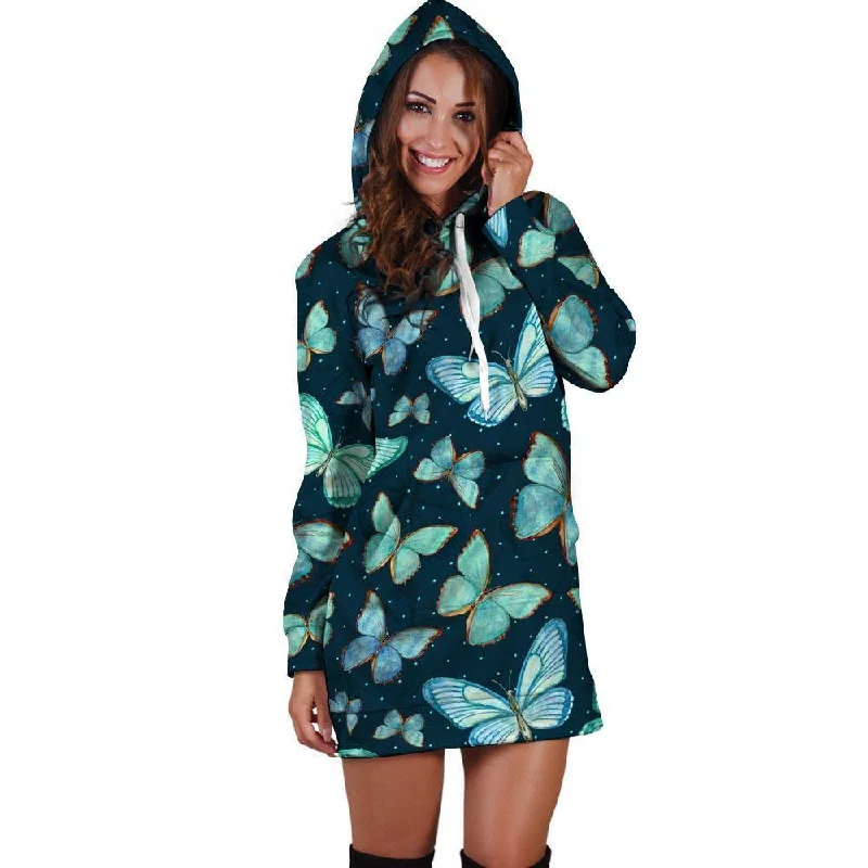 Turquoise Butterfly Print Hoodie Dress