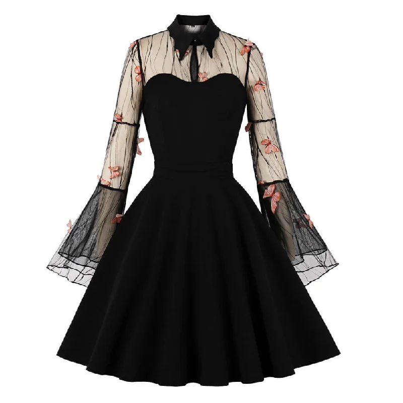 Vintage Mesh Butterfly Embroidery Trumpet Sleeve Dress