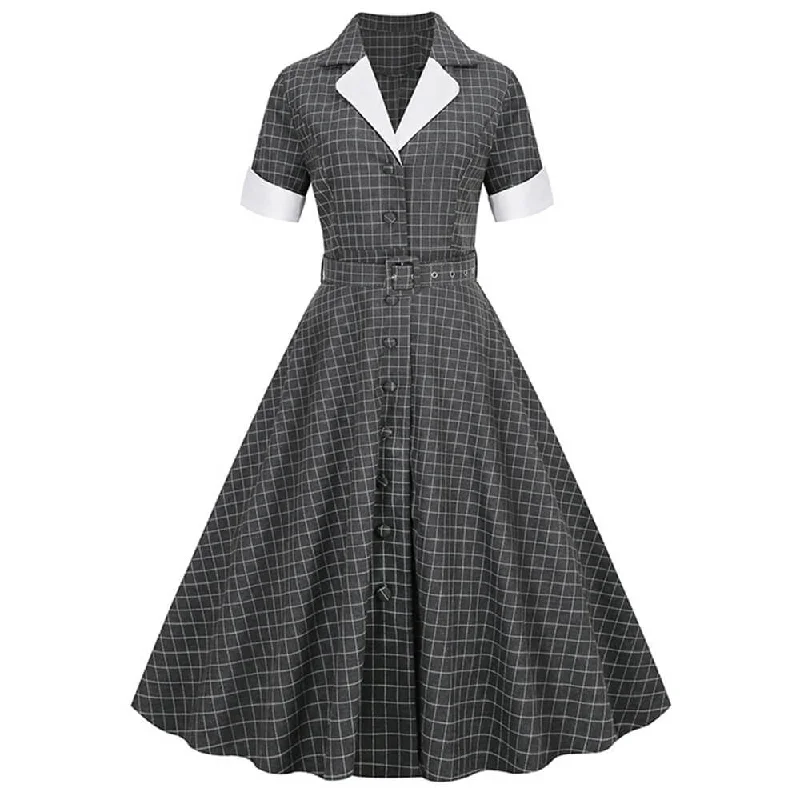 Vintage Plaid V-Neck Belted Dress