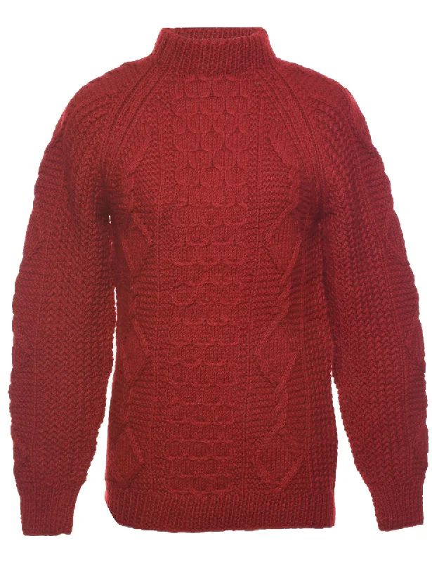 Cable Knit Red Jumper - M Neon Metallic Matte