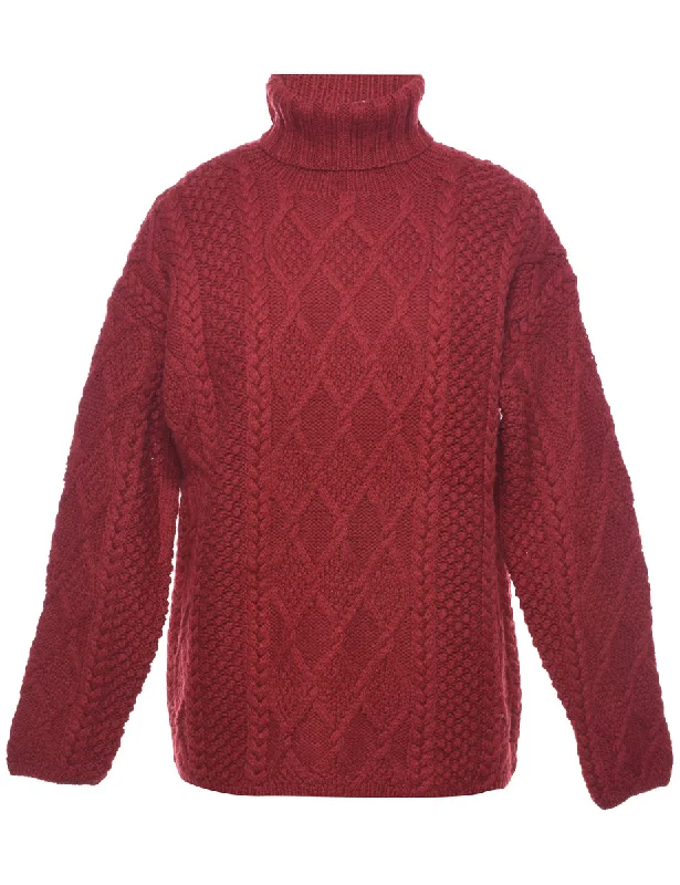 Cable Knit Turtleneck Jumper - L Herringbone Houndstooth Plaid