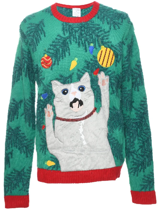 Cat Printed Christmas Jumper - L Striped Floral Plaid