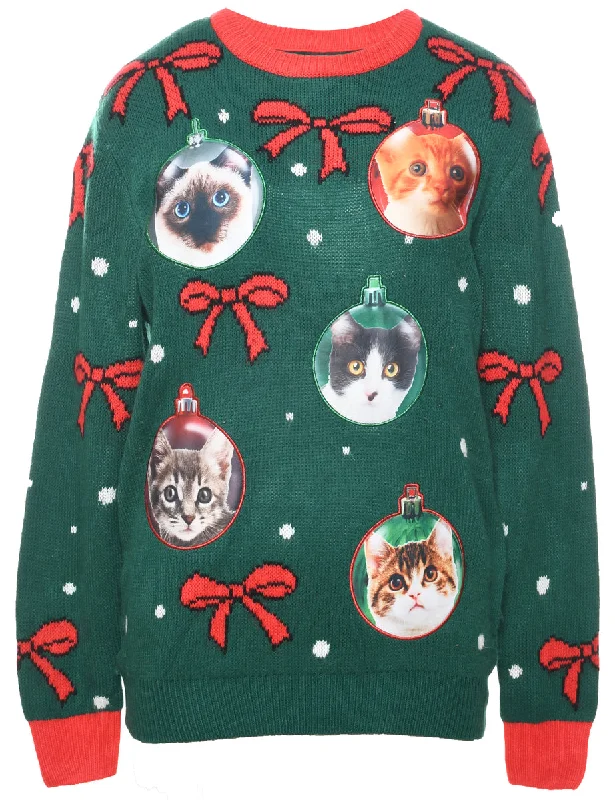 Cat Printed Christmas Jumper - M Houndstooth Herringbone Solid