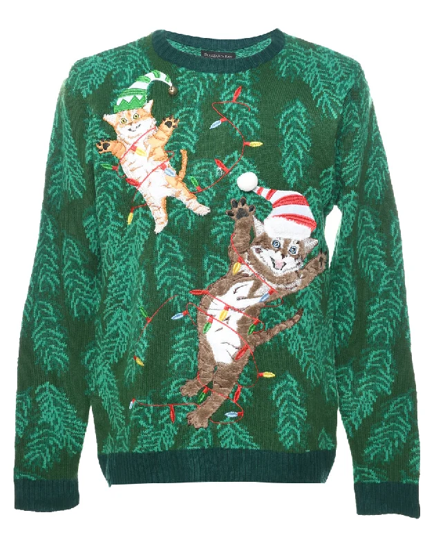 Cat Printed Christmas Jumper - M Notch Collar Peter Pan Collar Cowl Neck