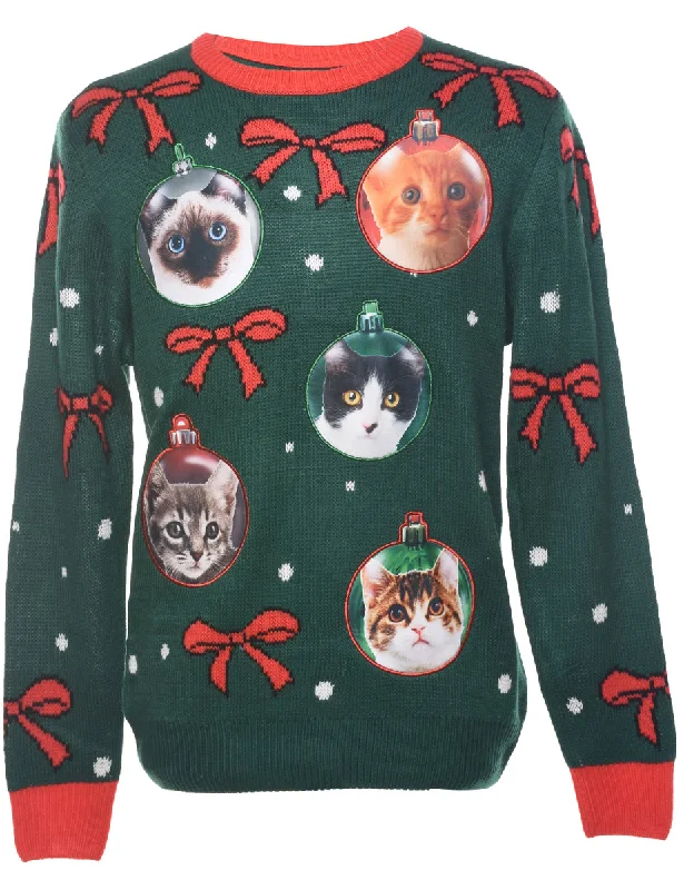 Cat Printed Christmas Jumper - M Elasticated Padded Insulated