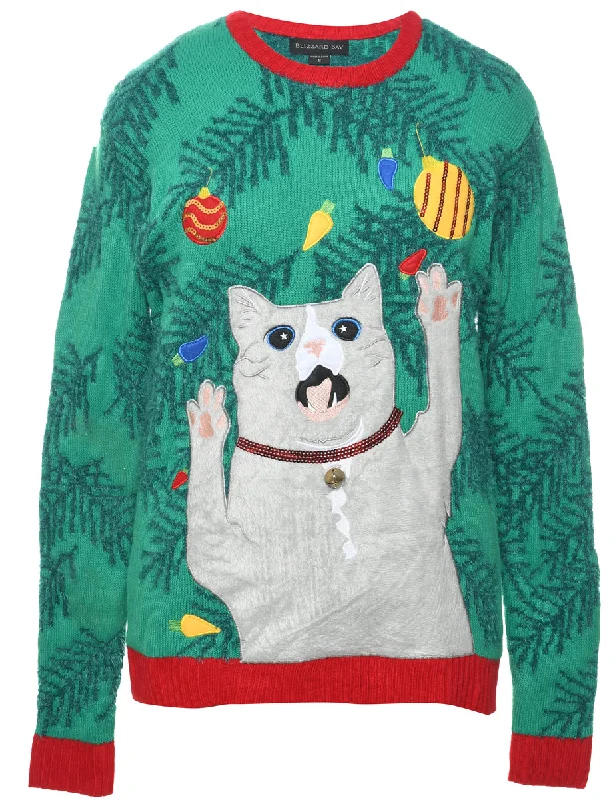 Cat Printed Christmas Jumper - S Zippered Front Buttoned Front Snap Front