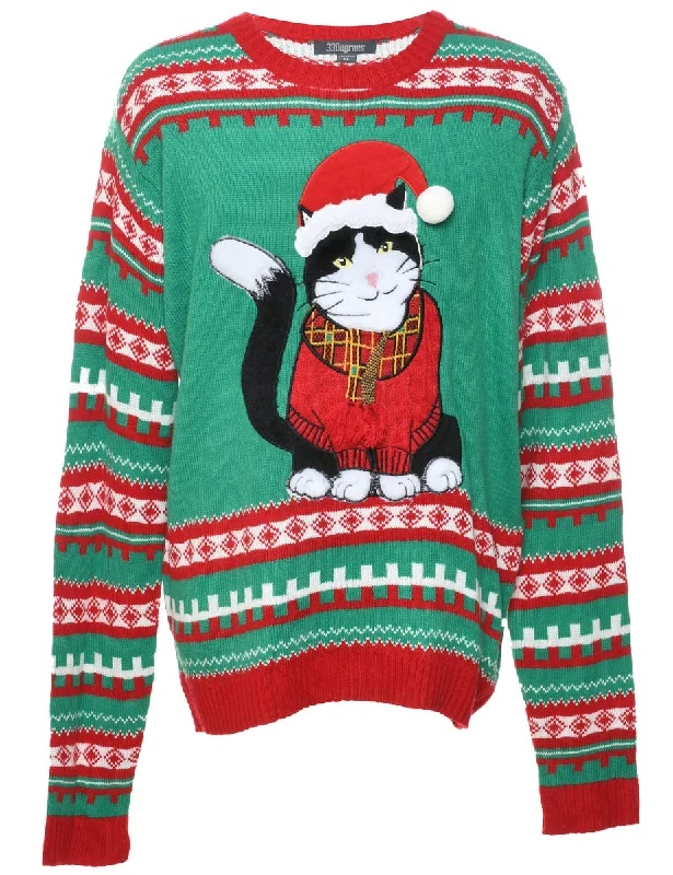 Cat Printed Christmas Jumper - XL Knit Fabric Woven Fabric Fleece Fabric