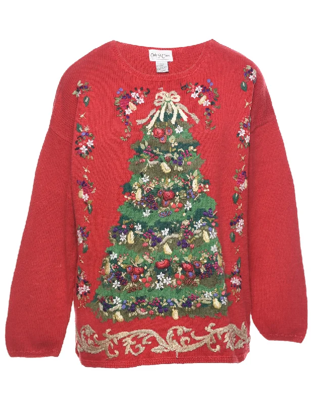 Christmas Tree Design Jumper - L Zippered Buttoned Snapped