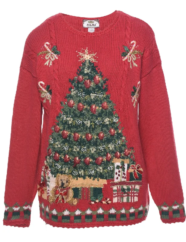 Christmas Tree Print Jumper - L Fitted Loose Oversized