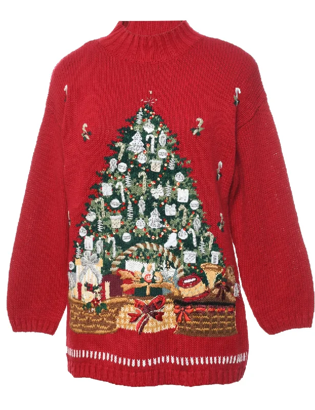 Christmas Tree Print Jumper - M Zippered Front Buttoned Front Snap Front