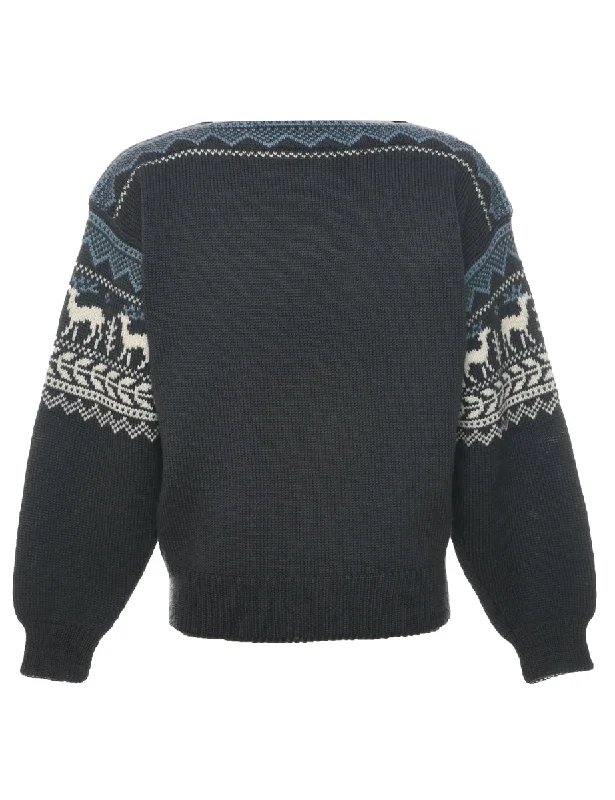 Dark Grey Jumper - L Graphic Sweater Embroidered Appliqued