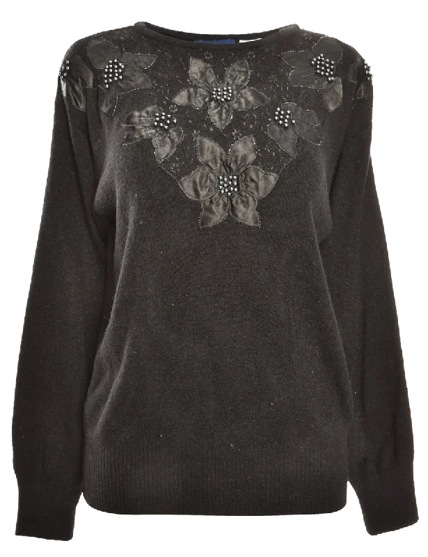 Embellished Black Jumper - M Tailored Straight A-Line