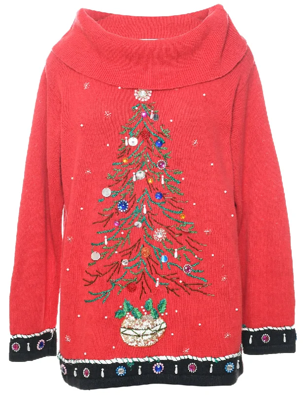 Embroidered Christmas Jumper - M Ribbed Striped Patterned